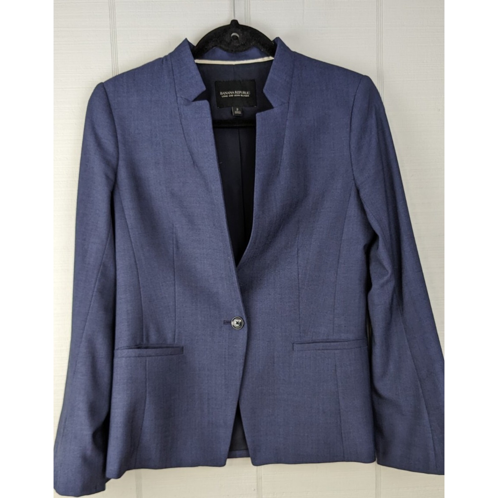Banana Republic Womens Blazer Long & Lean Sz 2 Blue Wool Blend Slit Bell Sleeve